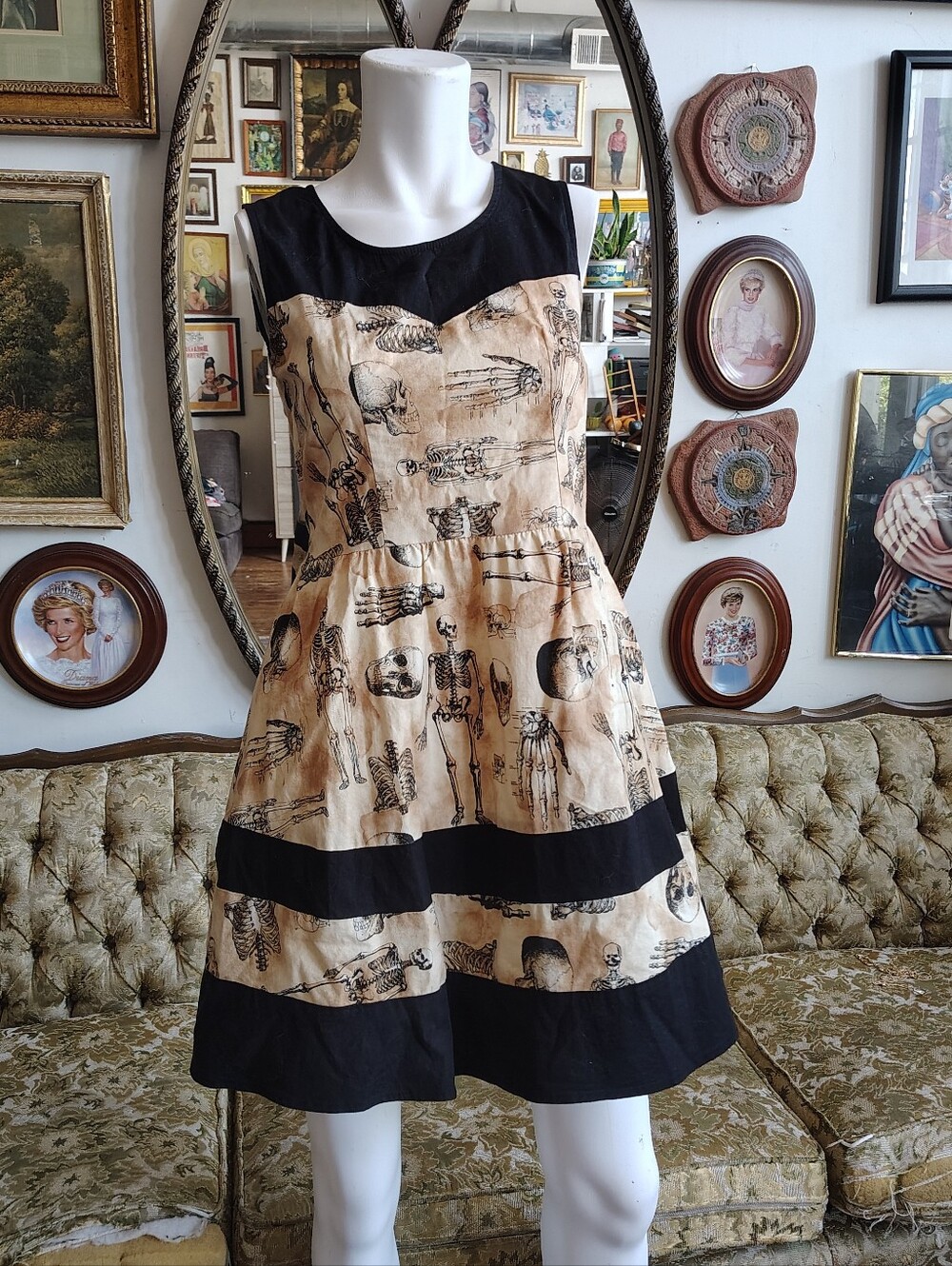 Y2K Skulls & Skeleton Mini Dress Mall Goth Pin-Up Emo Scene Minidress Sz Small